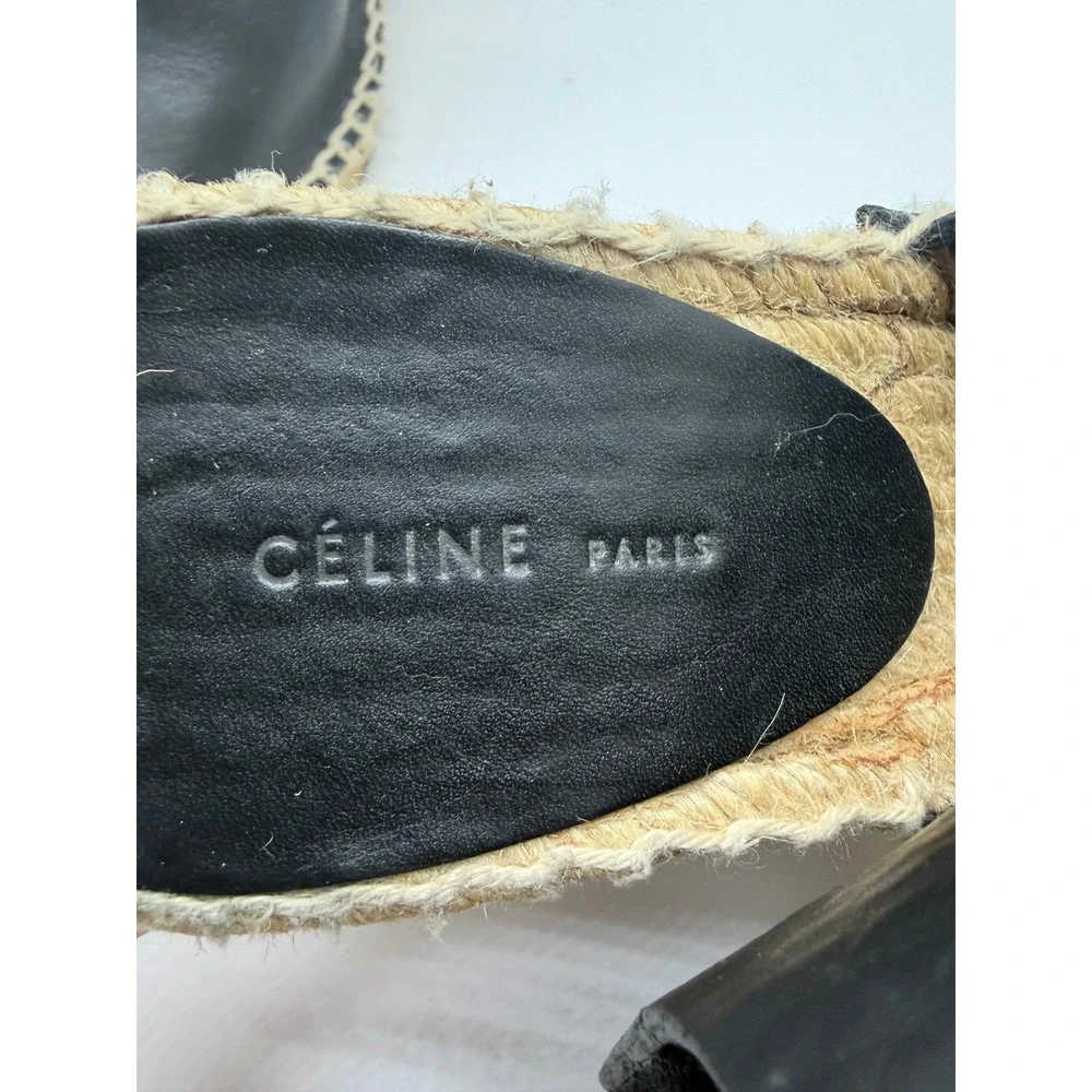 Celine Espadrille Wedge Sandals Womens 8 Black Leather Jute Platform Heel